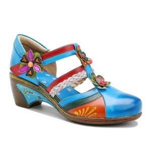 Iliyah Blue & Red Floral Leather Mary Jane, Women, Size 36 (US 5)
